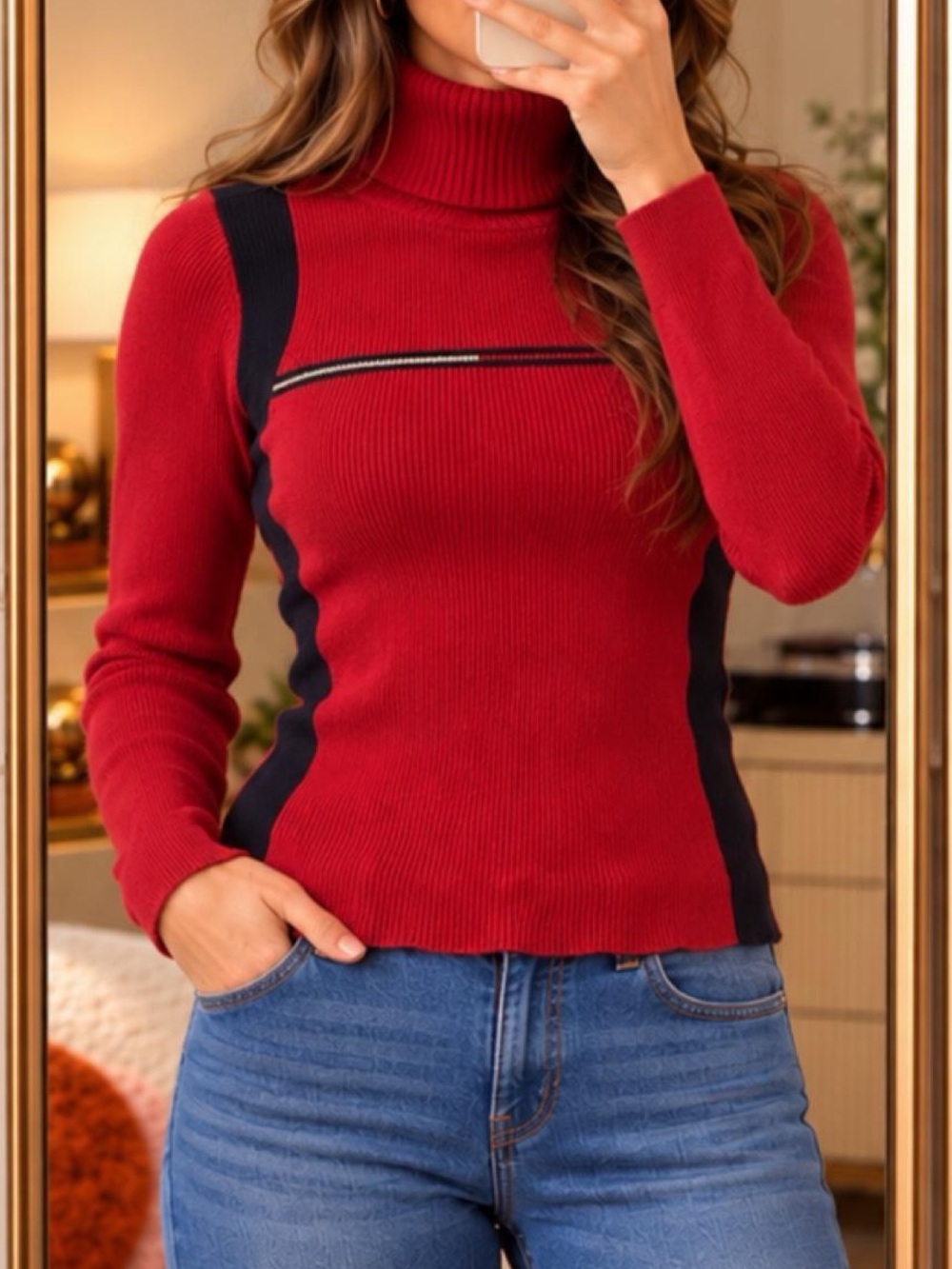 Red Turtleneck Tommy Hilfiger Ribbed Sweater with Contrast Side Panels